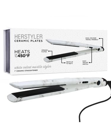 Herstyler White Velvet Marble Styler Flat Iron - Ceramic Hair Straightener - Travel-Friendly Dual Voltage Flat Iron - 1 Inch