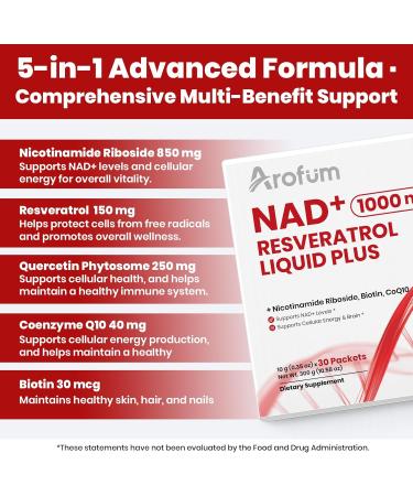 Arofum NAD+ Liquid Supplement 1000mg | 850mg Nicotinamide Riboside with Resveratrol, Quercetin, CoQ10 & Biotin | Cellular Energy, DNA Repair, Healthy Aging | NAD Supplements for Women & Men 30 Packets - Buy Online on GoSupps.com