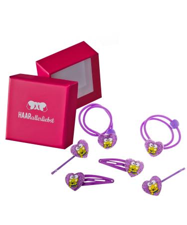 HAARallerliebst 6 hair clips hair ties hair clips set with glittering hearts with frogs for girls children in pink box