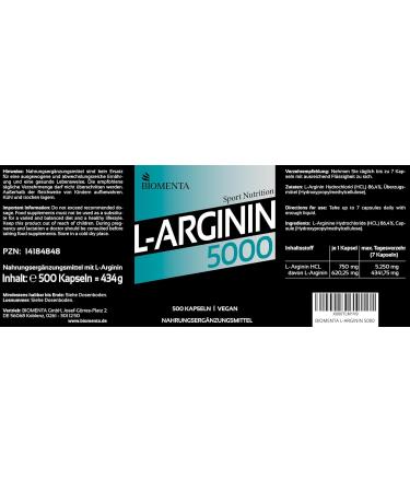 BIOMENTA L-Arginine 5000 High-Dose Vegan Capsules | 500 Premium Quality Arginine Supplements for Optimal Health - Buy Online on GoSupps.com