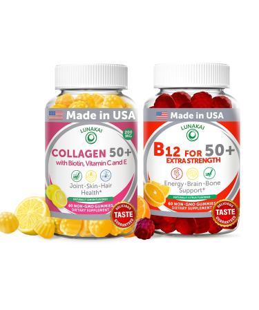 Lunakai USA Made Collagen & B12 Gummies Bundle for Adults 50+ Supports Skin Hair Joint Health & Energy Non-GMO Delicious Lemon & Orange Flavors 60ct Each