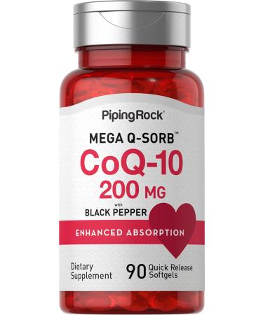 Piping Rock CoQ10 200mg Softgels | 90 Count | Enhanced Absorption | with Black Pepper Extract | Non-GMO Gluten Free Supplement