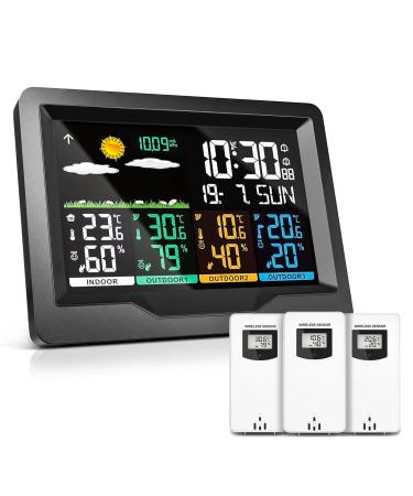 Oule GmbH Weatherstation Funk with 3 outdoor sensor thermometer inside outside hygrometer inside weather stations inside and outside temperature radio with weather forecast DCF radio clock black