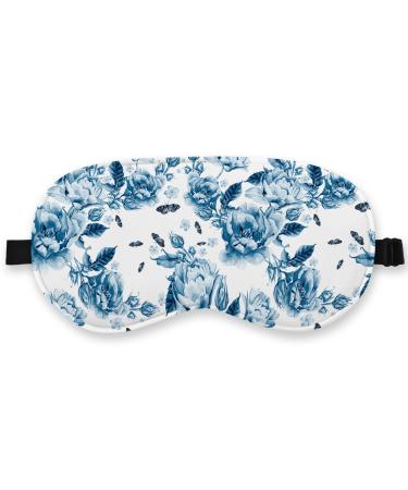 Blue and White Porcelain Silk Eye Mask for Sleeping Blue White Chinoiserie Blindfold Adjustable Strap Night Sleep Mask for Women Girl Airplane Travel Nap Blue Floral Sleeping Mask Eye Cover