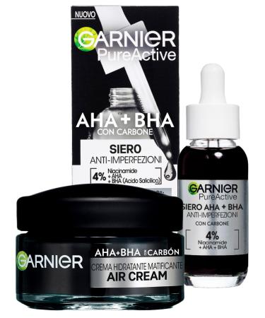 Garnier Air Cream Moisturising Matifying AHA BHA Face Cream with Charcoal 50ml + Garnier PureActive Anti-Imperfection Serum with Charcoal Niacinamide AHA BHA Black Spots Treatment 30ml Serum + Cream Anti-Imperfection