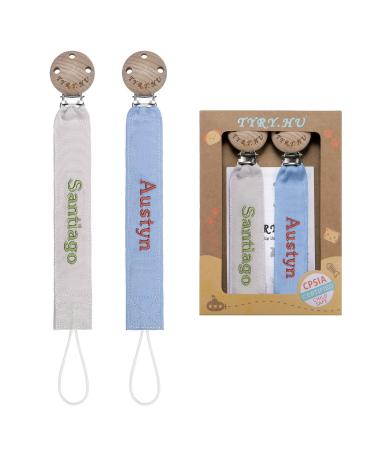 Tyry.hu pacifier chain with name boys girl personalized pacifier band wood clip cotton pacifier clips for baby gift 2 pieces gray & blue
