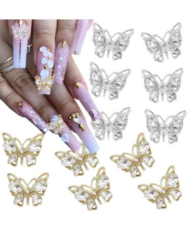 14Pcs Shiny Alloy Butterfly Nail Charms Metal Butterfly Nail Gems Nail Rhinestones 3D Nail Charms for Acrylic Nails Butterflies Shape Crystals Diamonds for Women Girls Nails DIY Manicure Decoration A-3