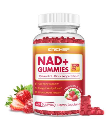 NAD+ Gummies 1200mg Liposomal NAD Supplement for Women & Men with Trans-Resveratrol & Black Pepper Extract Anti-Aging Supplement Brain & Cellular Mitochondrial Health - 60 Gummies Strawberry Strawberry 60 Count (Pack of 1)