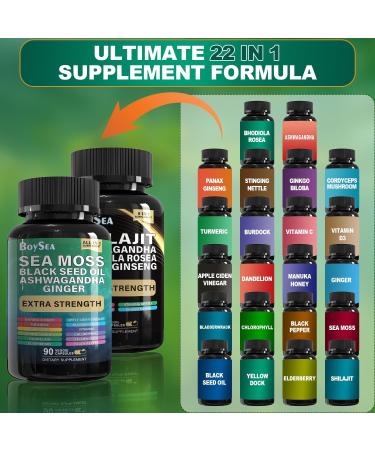 Boysea.Shilajit and Sea Moss Bundle- 90 Count - Sea Moss, Black Seed Oil, Ashwagandha, Ginger & Shilajit, Rhodiola Rosea, All in 1 Supplements (1 Pc) 90 Count (Pack of 2) - Buy Online on GoSupps.com