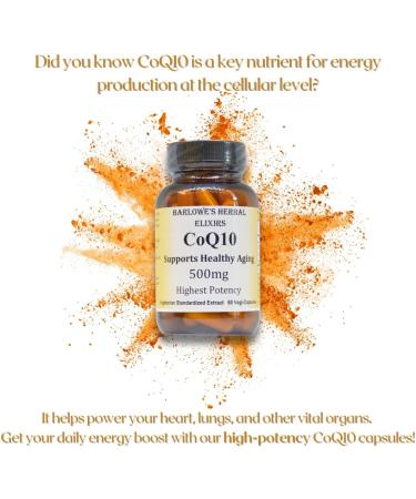 Barlowe's Herbal Elixirs CoQ10 | Ubiquinone | Hi-Potency | 500 mg Per Capsule | Stearate-Free | Encased in Recyclable Glass Bottle | Heart Health Support | 60 Veggie Capsules - Buy Online on GoSupps.com