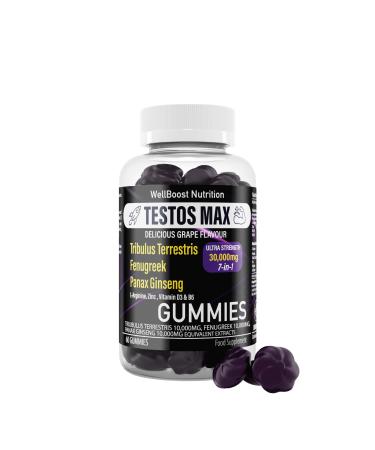 Testos MAX Strength Gummies 30 000mg (7in1) Tribulus Terrestris Fenugreek Panax Ginseng Extracts L-Arginine Zinc VitD3 and VitB6 Delicious Vegan Sugar Free for Adults with Grapes Flavour. - Buy Online on GoSupps.com