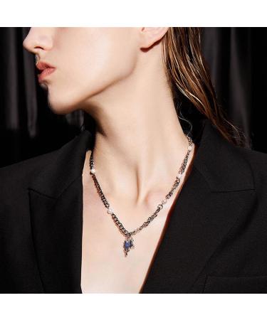 DNCG Necklace Vintage Rose Square Pendant Necklace Fashion Metallic Wild Blue Flower Necklace Beautiful Decorative Necklace for Women Ladies Necklace - Buy Online on GoSupps.com