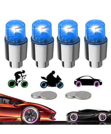 YUERWOVER LED Tire Lights for Car 4 Pack Trucks Valve Stem Caps Bike Golf Cart Firefly Wheel Lights Bicycle Motorcycle Tyre Spoke Lights Waterproof for Kids Boys with 10 Extra Batteries(Blue)
