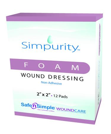 Safe n Simple Medical Foam Dressing for Wounds - 12 Pack Individual Thick Pads 2" x 2" - Highly Absorbent Medical Foam Padding for Wound Care - Non-Adherent Foam Dressing Without Border