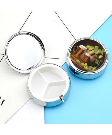 Round Pill Box with Beer & Hop Cones - 3 Compartment Decorative Metal Pill Organizer - Portable Pocket Case - Buy Online on GoSupps.com