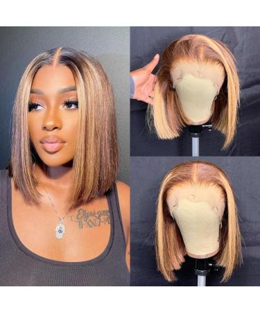 U&A 13x6 Deep Part HD Highlight 27 Colored Short Bob Lace Front Wigs Human Hair Brazilian Invisible Lace Front Wigs Pre Plucked With Baby Hair For Fashion Women (8 inch) 8 Inch 13 6 HD highlight bob