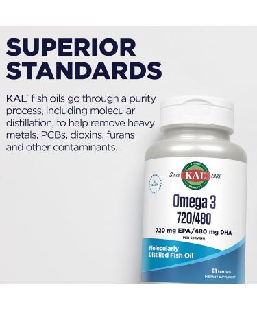 KAL Omega 3 Fish Oil 2 400 mg - 720/480 EPA DHA Supplements - Eye Brain and Joint Support Supplement - Molecularly Distilled and Lab Verified - 60-Day Guarantee - 30 Servings 60 Softgels - Buy Online on GoSupps.com