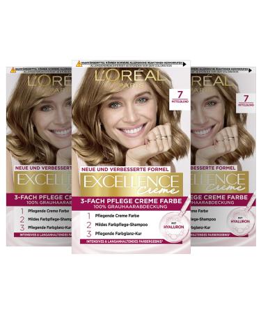 L'Or al Paris Permanent hair color 100% gray -hair cover hair dye with color shampoo and 3 -fold care cream color excellence cream 7 medium blonde 3 x 268 g No. 7 - Middle Blond 90.67 g (3 Series pack)
