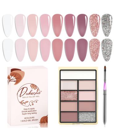 Solid Gel Nail Polish Set 9 Colors Salt lake Gel Polish Manicure Palette Set Nude Pink Glitter Skin Tiny Solid Cream Nail Gel Polish for Salon DIY with Pro Nail Brush
