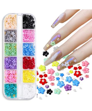 12 Colors Flower Nail Charms for Acrylic Nails 3D Flower Nail Rhinestone Nail Decals Resin Flowers Nail Art Supplies with Caviar Small Steel Beads Nail Stud Pearl Accessories for Girl Nail Decoration Multicolor