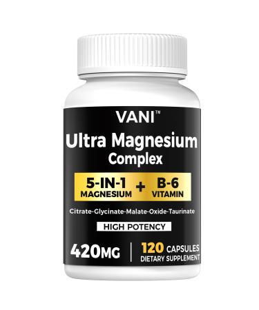 Magnesium Glycinate, (420mg) 5 in 1 Magnesium Complex & B6 Supplement for Nerve, Heart, Muscle Health & Relaxation*, Maximum Bioavailability & Absorption, Gluten Free, 120 Vegan Capsules