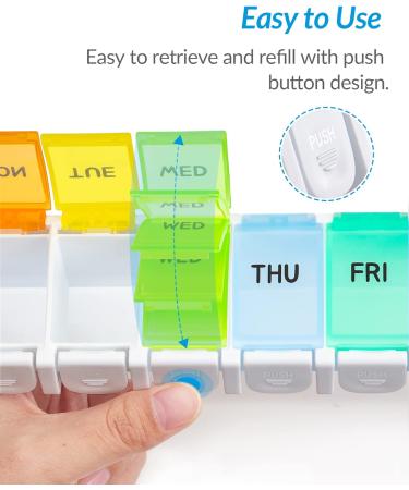 ZIKEE Arthritis-Friendly Weekly Pill Organizer with Spring Loaded Design - 7 Day Portable Pill Box Case - Large Compartment for 9 Fish Oils - BPA-Free Container for Medications and Supplements - Buy Online on GoSupps.com