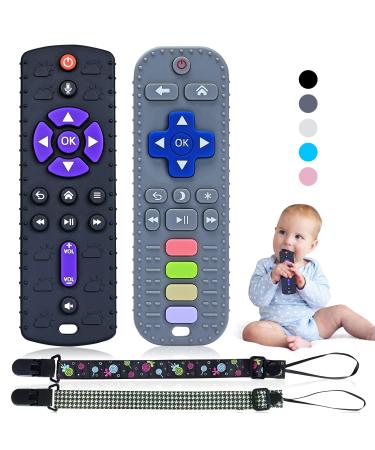Orzbow bite ring baby 2 pack of silicone remote control bite ring baby with pressurable buttons bpa-free dental aid baby with pacifier chain for 0-12+ months biting toys baby (black/dark gray) black/dark gray 2 pack