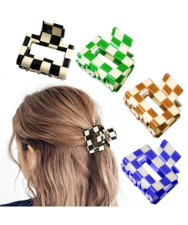 4 Pcs Checkered Hair Claw Clips Square Checker Barrettes 2 Medium Cute Hair Jaw Clips Hair Accessories for Girls and Women Thick Thin Hair Color A