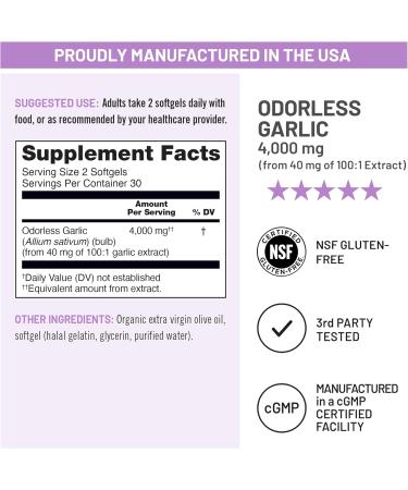 NatureWise Odorless Garlic Supplement 4000mg - Ultra Potent 100:1 Extract - Healthy Cholesterol Formula Heart Health Support - Non-GMO Gluten Free with Halal Gelatin - 60 Count 30-Day Supply 60 Count (Pack of 1) - Buy Online on GoSupps.com