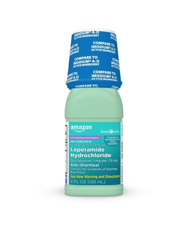 Amazon Basic Care Loperamide Hydrochloride Oral Solution, 1 mg per 7.5 mL, Mint Flavor, Anti-Diarrheal Medicine for Ages 6 Years and up, 4 fl oz (Pack of 1)