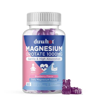 Magnesium Orotate Gummies for Women & Men 1000g Magnesium Supplement for Heart Nerve Bone & Muscle Health High Absorption Vegan Sugar Free Pectin Blueberry Flavor 60 Chews