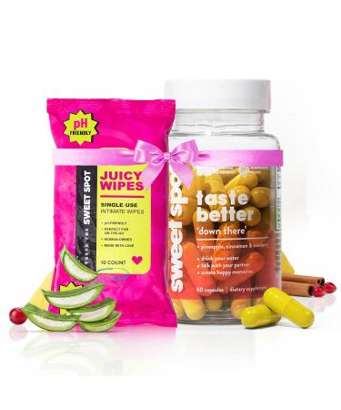 Sweet Spot Pineapple Extract Vaginal Probiotics & Flushable Feminine Wipes pH Balance Intimate Health Support for Women 60 Capsules + 10ct Wipes