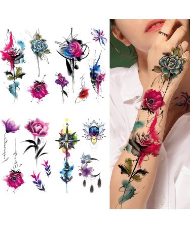 glaryyears 10 Sheets Watercolor Rose Temporary Tattoos for Women, Henna Flower Fake Tattoo Stickers Realistic Waterproof on Arm Shoulder Wrist Body Art Large Size