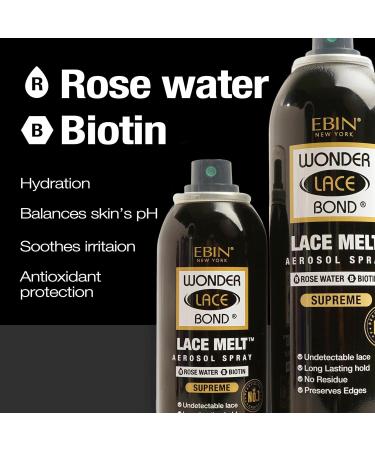 EBIN NEW YORK Wonder Lace Melt Aerosol Spray - Rose Water + Biotin Infused (180ml./ 6.08oz) - Preserves Edges & Undetectable Lace | Long lasting hold | No Residue 6.08 Fl Oz (Pack of 1) Rose Water + Biotin - Buy Online on GoSupps.com