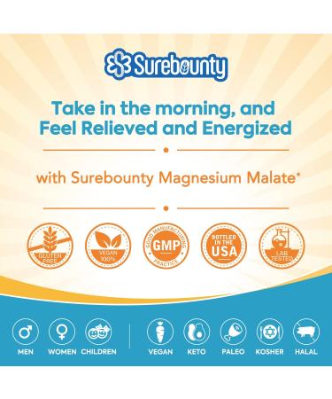 Surebounty Magnesium Malate - 410mg (45mg Elemental Magnesium) Morning MAG Regimen for Energy & Muscle - 90 Easy-to-Swallow Capsules - Buy Online on GoSupps.com