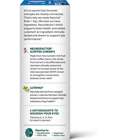 NEURIVA Brain + Eye Supplement with Lutein, Vitamins A C E, Zinc | Memory, Focus & Eye Health | 30 ct Capsules - Buy Online on GoSupps.com