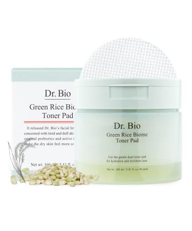 Dr. Bio Green Rice Biome Toner Pad (5.41oz/60 Pads) - Dual-Sided Exfoliating and Hydrating Pads with Rice Extract Prebiotics - Pore Care Even Skin Tone and Radiance - Korean Skin Care