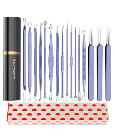 Xesscare Latest Pimple Popper Tool Kit, 16 Pcs Blackhead Remover Tool, Comedone Extractor Acne Removal Kit, Professional Whitehead Tweezers with Metal Case for Facial, Nose and Forehead (Purple)