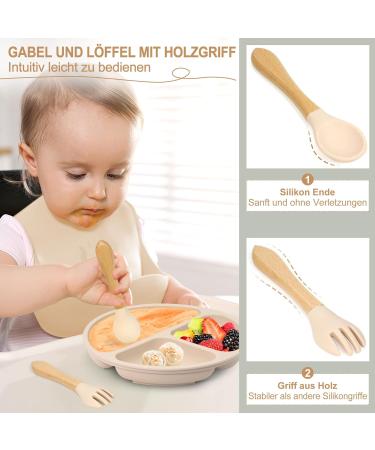 MOJINL Silicone Baby Tableware Set - 7 Piece Non-Slip BPA Free Set with Suction Cups Learning Cutlery Bowl Bib & Plate - Ideal for Toddlers - Beige - Buy Online on GoSupps.com