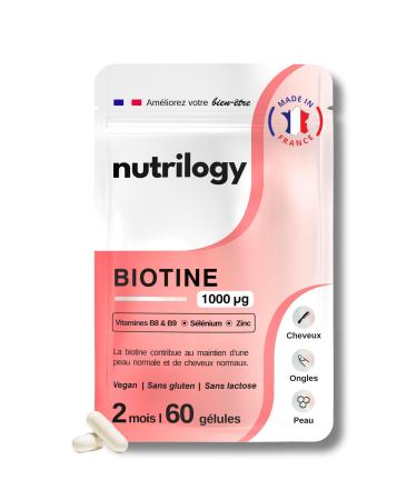 Biotine | 2 mois - 60 g lules | Pousse des Cheveux & Ongles et Beaut de la Peau | Avec Vitamines B8 et B9 S l nium & Zinc | Compl ment Alimentaire Vegan Sans Gluten & Fabriqu en France | NUTRILOGY