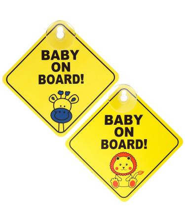 Bewudy 2 PCS Baby on Board Car Warning Sign Baby on Board Sticker Sign for Car Warning with Suction Cups Baby in Car Sticker for Car Reusable Baby on Board Sticker Yellow (Lion+Giraffe)