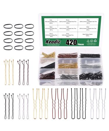 Keadic 421Pcs Metal Hair Pins Kit with Storage Case Includes 2 Bobby Pins 2.4 U Shaped Blonde Bun Clips HairPins Bulk and Hair Bands for Women Thick Hair(Bronze Black Golden Silver)