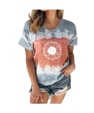 Women's T-Shirt Summer Women's Blouse Short Sleeve Floral Print T-Shirt Clothing Woman Basic Shirt Pullover Crew Neck Clothes T-Shirt Tops Casual Plain Tops Women's Blouse Gray M