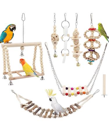 Taecoool 8-part wooden parrot toys parrot bird chewing natural wood hanging bell bird cage rocking toys suitable for nymphensittich finches small paramount - Buy Online on GoSupps.com
