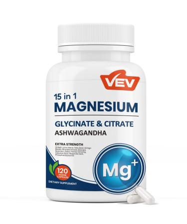 VEV 15 in 1 Magnesium Glycinate & Citrate Complex Capsules Cortisol Supplements for Women Easy to take Formula with Ashwagandha & L-Theanine 120 Vegan Capsules Blue