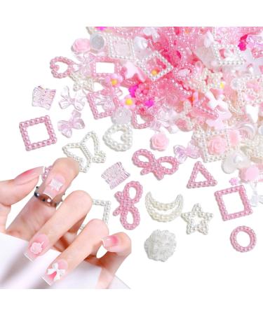 Nail art decoration 350 pieces white pink nails pearls 3d nail art charms bear butterfly bow nail jewelry for girls women diy nail decor (mix-g)