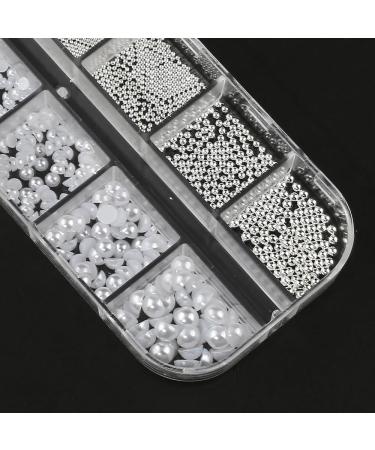 Buy 1 Box of 12 Grid Nail Art Rhinestones & White Pearls - Semicircular Pearl Balls Stainless Steel Caviar Beads Flatback Pearls for Stunning Acrylic Nail Designs - International Shipping Available - Buy Online on GoSupps.com