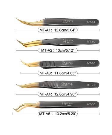5-Piece Eyelash Extension Tweezers Set for Professional Lashes - Curved Tip Precision Tweezers for Volume Fans, Black Gold - Buy Online on GoSupps.com