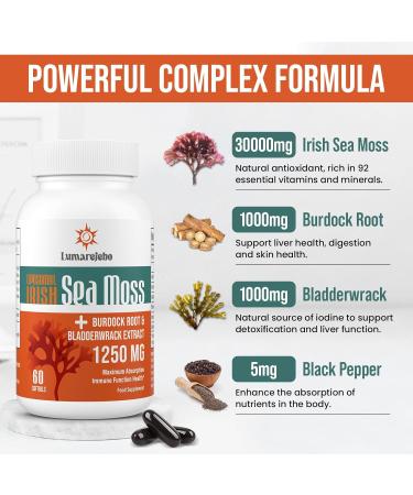 Premium Liposomal Irish Sea Moss Softgels | 30000mg Per Serving | Burdock Root & Bladderwrack | Immunity & Gut Health | 60 Count - Buy Online on GoSupps.com