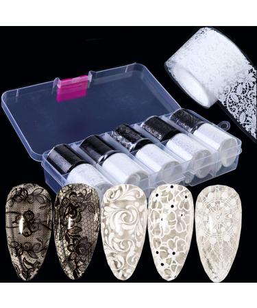 10 Rolls Nail Foil Transfer Stickers for Women Lace Foils Black White Laser Foils Retro Holographic Nail Art Supplies Flower Paper Designs for Acrylic Decorations DIY Nail Arts Manicure Charms